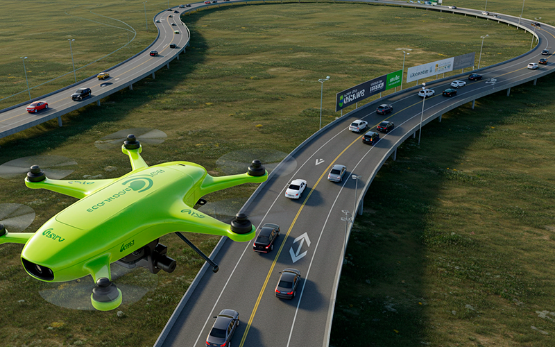 Drone TalkFly da Talkhub monitorando obra rodoviária com IA