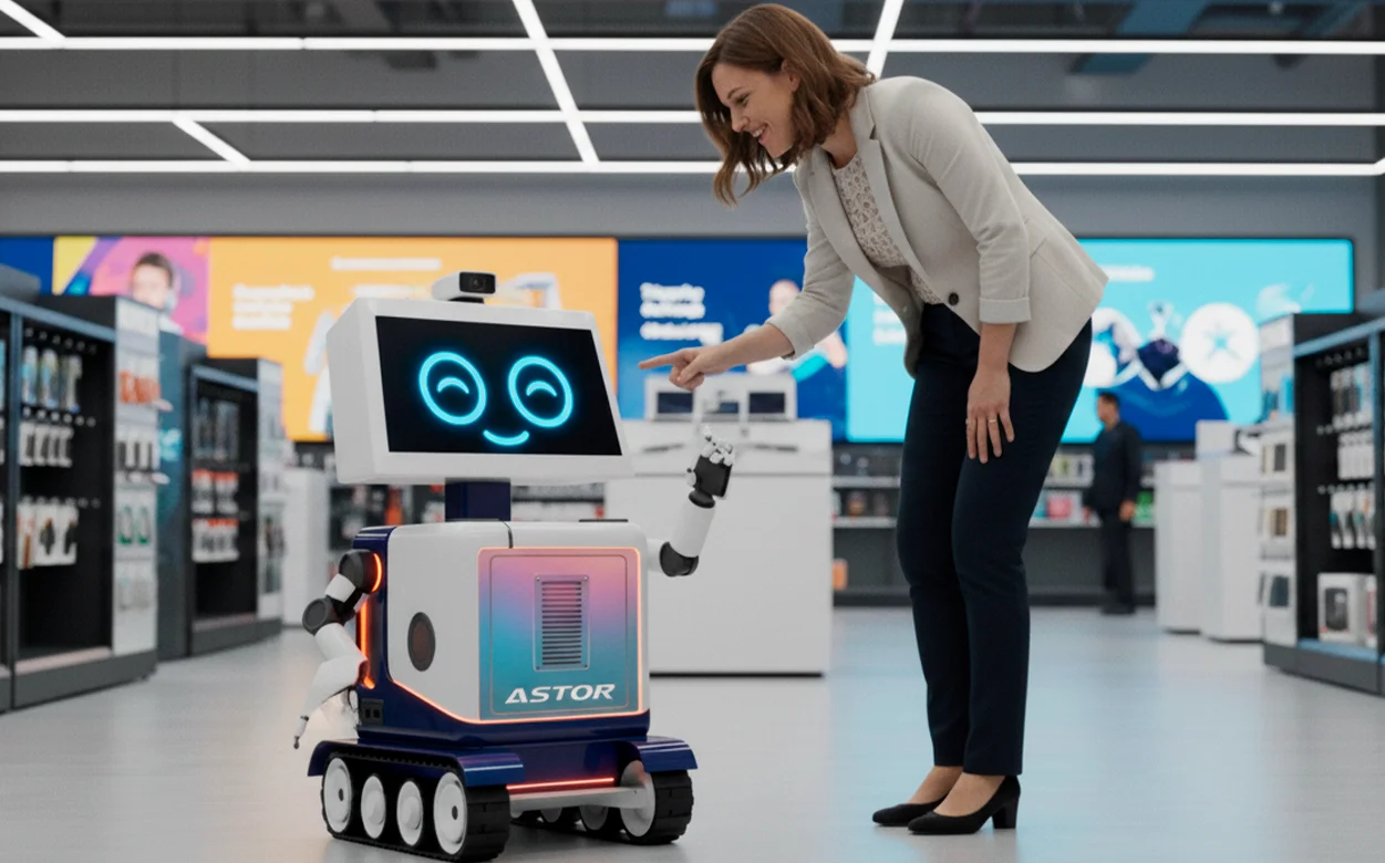 Astor, robô compacto autônomo da Talkhub, atendendo cliente em loja de eletrônicos