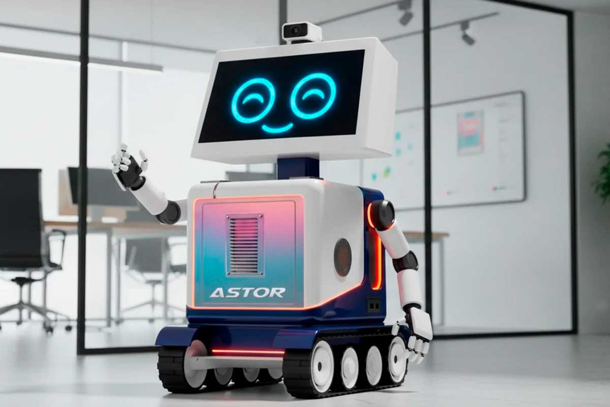 Astor, robô vendedor da Talkhub, interagindo com cliente em loja de eletrônicos