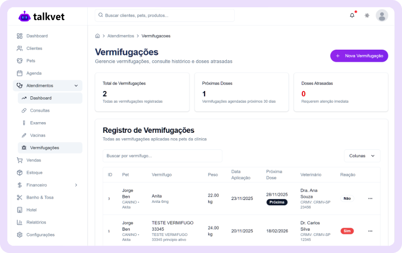 Controle de vacinas e vermifugações na TalkVet